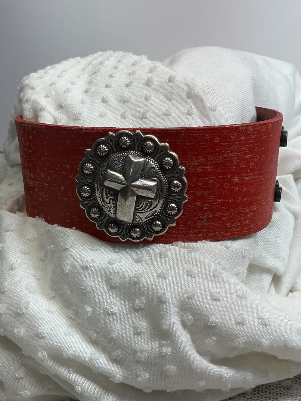 Red Women’s Leatherlike  Cuff Bracelet with Silver Cross Concho